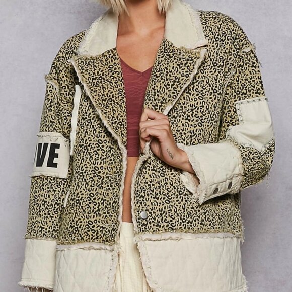 POL Colorblocked Twill Patch Studded Back Heart Jacket- Leopard - Picture 1 of 3